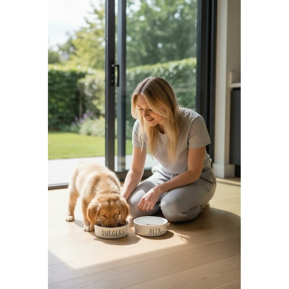 Winifred & Lily‎ Pet Bowl Set 2pc White "Burgers" & "Beer" w/ Box gift set water